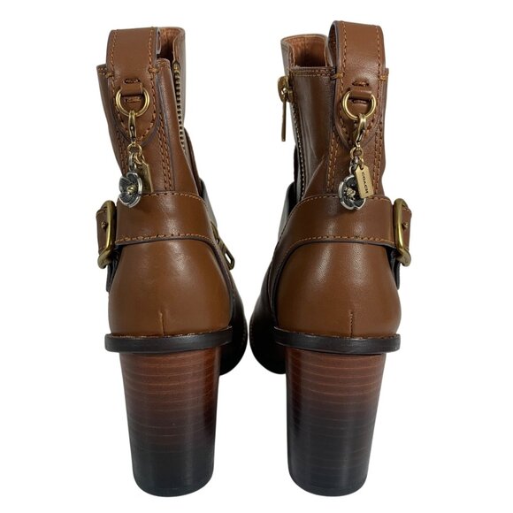 COACH 1941 Women Brown Leather Moto Booties Turnlock Buckles Stacked Heels NWOB - Picture 3 of 9